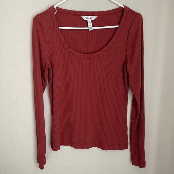 SPANX Red Rib Long Sleeve Scoop Neck Shirt (S) - Picture 2 of 7